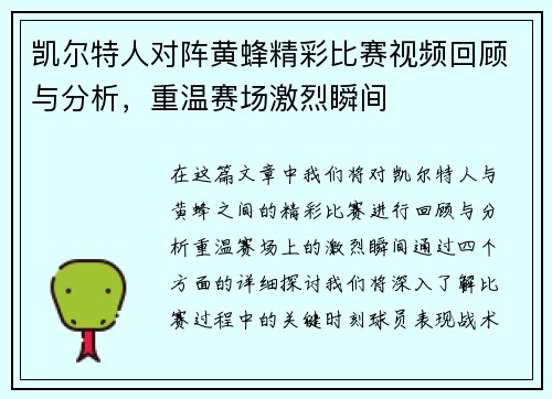 凯尔特人对阵黄蜂精彩比赛视频回顾与分析，重温赛场激烈瞬间