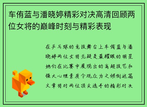 车侑蓝与潘晓婷精彩对决高清回顾两位女将的巅峰时刻与精彩表现