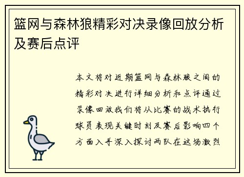 篮网与森林狼精彩对决录像回放分析及赛后点评