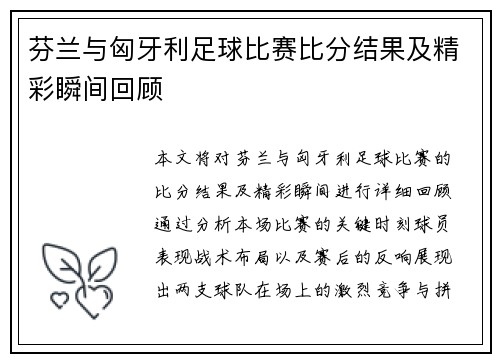 芬兰与匈牙利足球比赛比分结果及精彩瞬间回顾