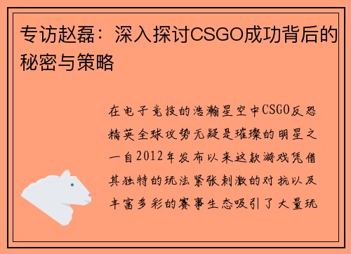 专访赵磊：深入探讨CSGO成功背后的秘密与策略