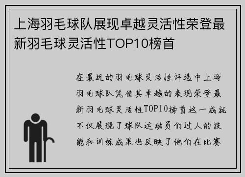 上海羽毛球队展现卓越灵活性荣登最新羽毛球灵活性TOP10榜首